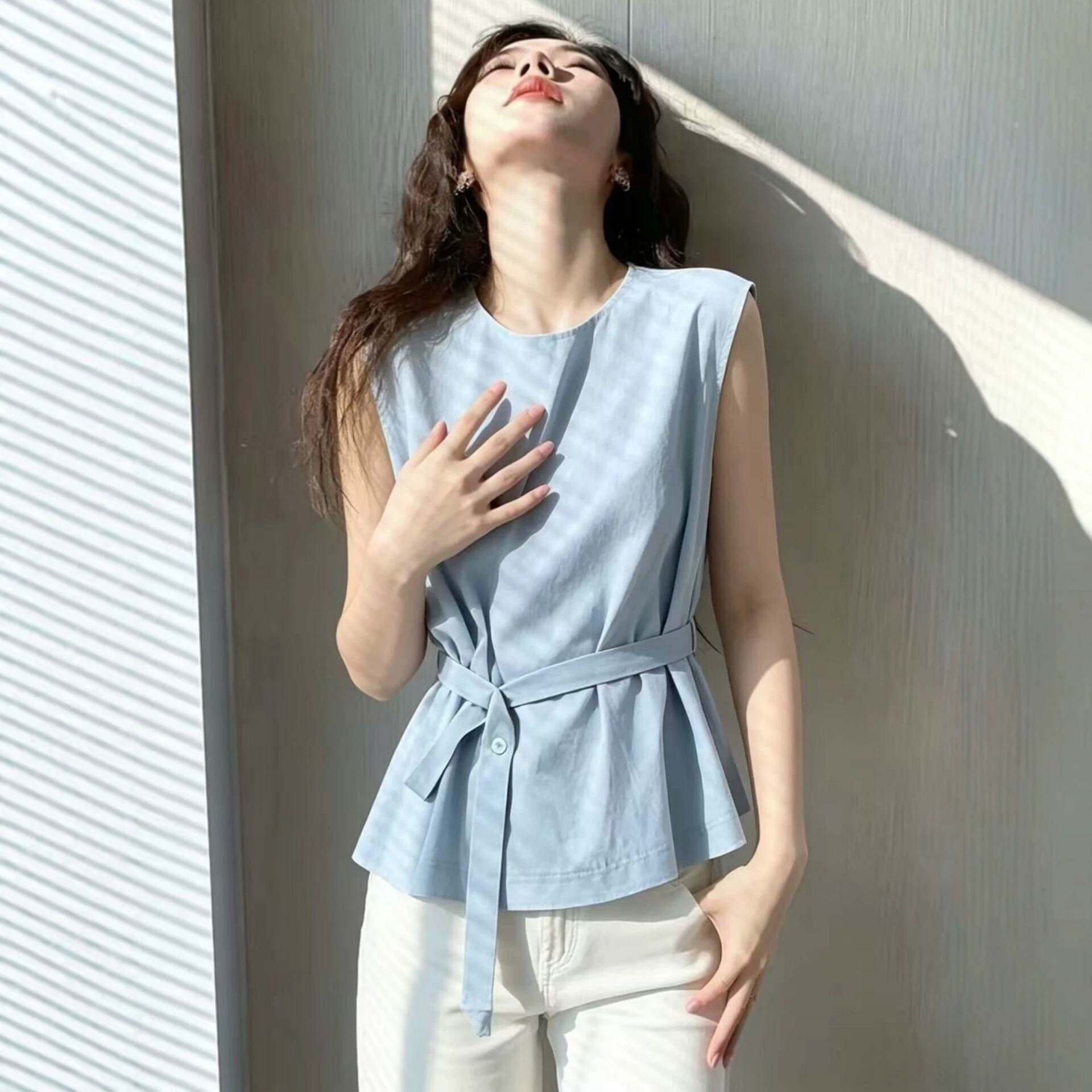 法式无袖背心亚麻衬衫女款2026新款夏季小衫巨好看设计感绑带上衣