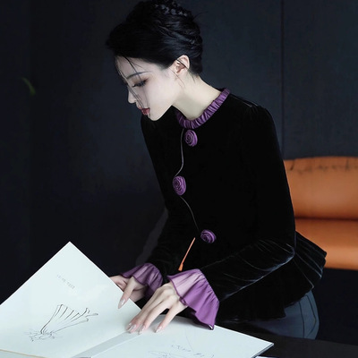 荷叶边衬衫女秋冬高级感轻奢减龄洋气赫本风法式小众黑色丝绒上衣