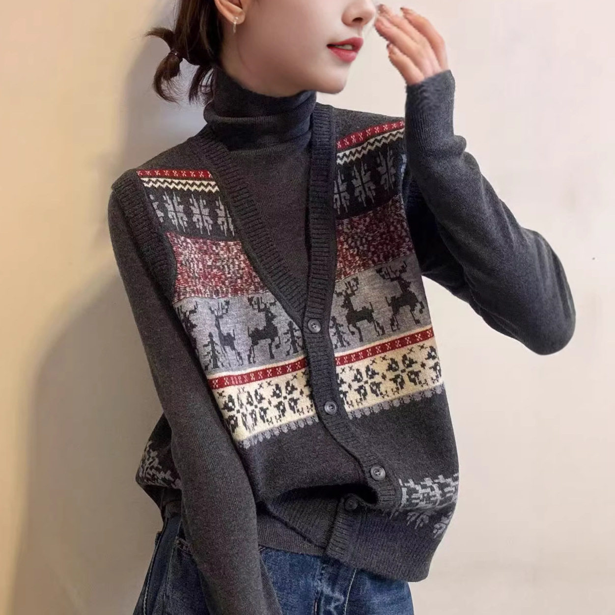 复古费尔岛风麋鹿提花马甲开衫叠穿高领针织上衣女早春新款两件套,畜牧/养殖物资,畜牧防寒衣/保暖衣/保温马甲,淘宝优惠券,粉丝福利购,淘宝优惠卷