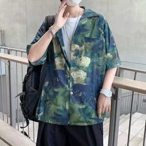 夏季ins复古油画满印花短袖衬衣男港风潮牌宽松bf慵懒风休闲外套