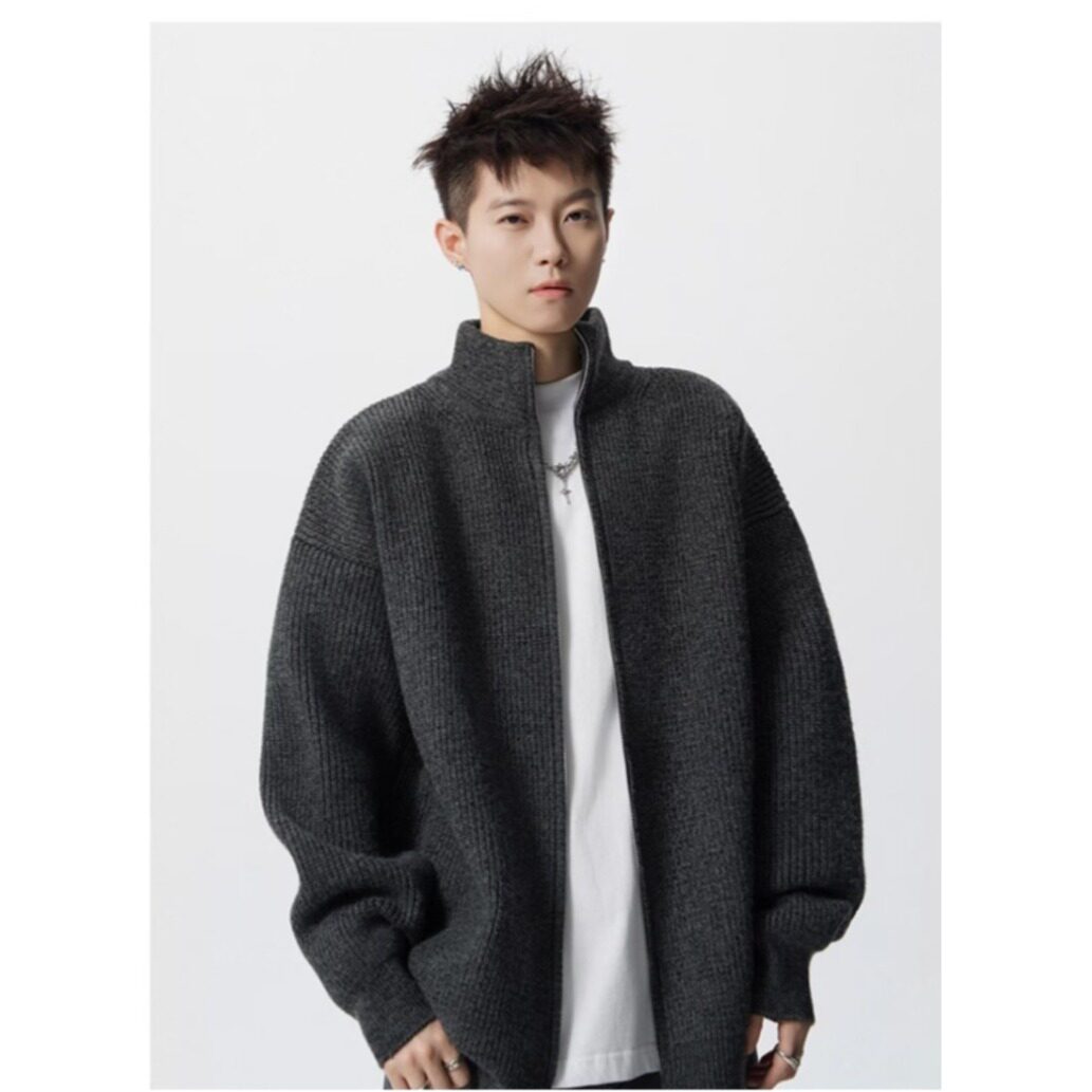 灰色立领针织开衫外套男春秋情侣线衫cleanfit慵懒风美式复古毛衣