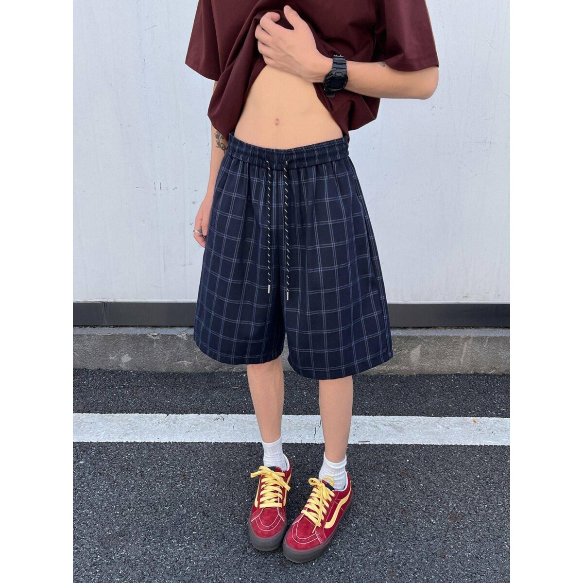 美式复古藏青色格纹休闲短裤男宽松潮牌夏季运动健身篮球五分裤子