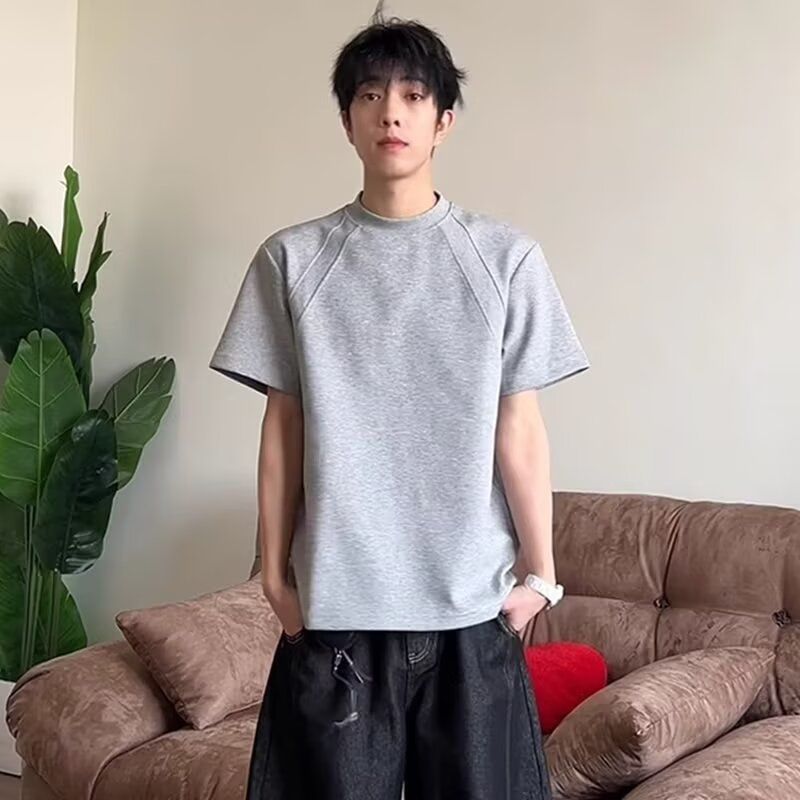 浅灰色韩国cleanfitt恤男夏季美式拼接boxy版型短袖正肩硬挺半袖
