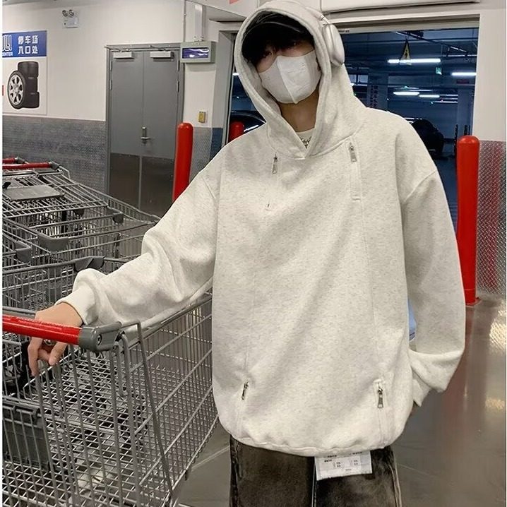 重磅灰色连帽双拉链卫衣男款秋潮牌高街外套男美式休闲宽松运动服