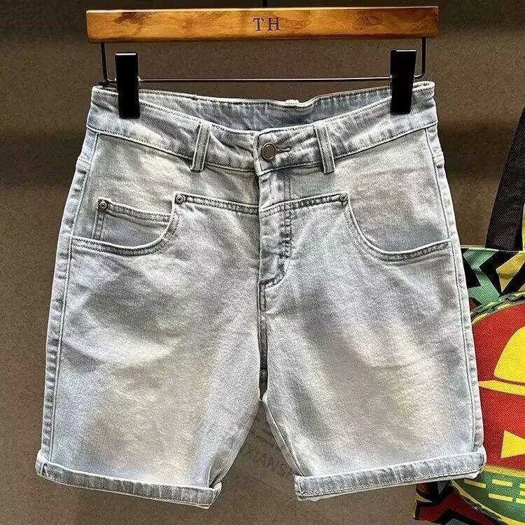 夏季美式休闲复古浅蓝色水洗牛仔短裤男士简约拼接直筒五分中裤子