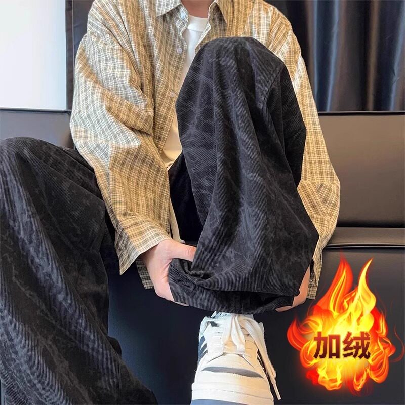 扎染灯芯绒裤子男女秋冬款直筒宽松阔腿长裤美式加绒卫裤休闲裤子