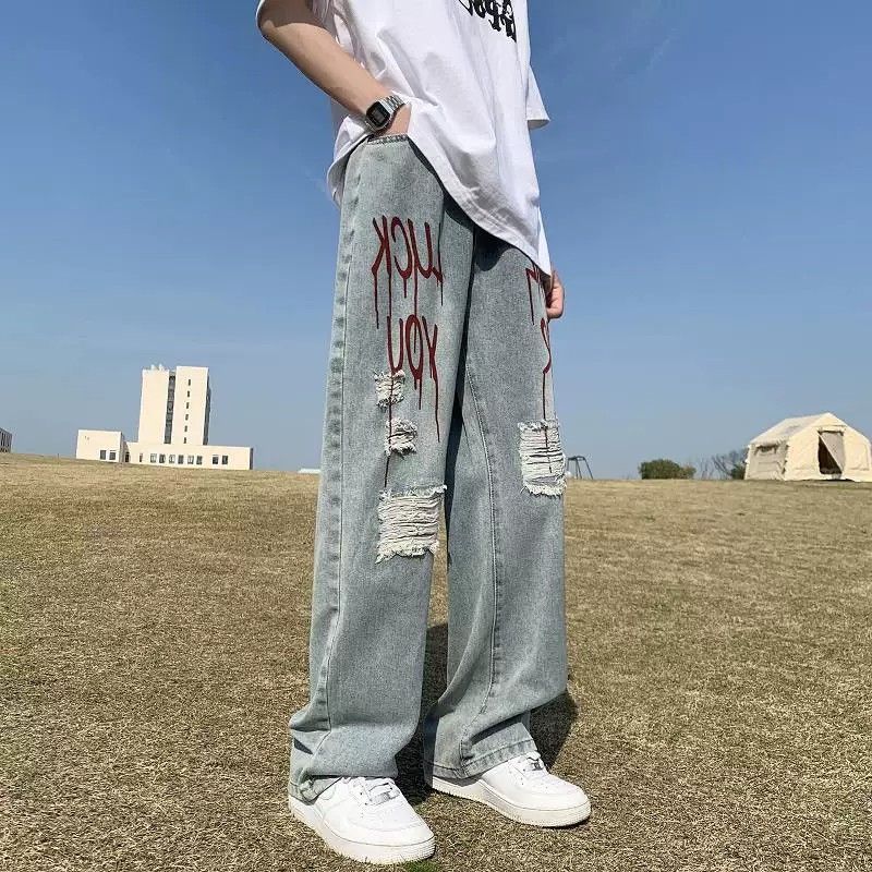 春夏季浅蓝色牛仔裤男生痞帅潮流哈伦裤水洗百搭宽松休闲萝卜裤男