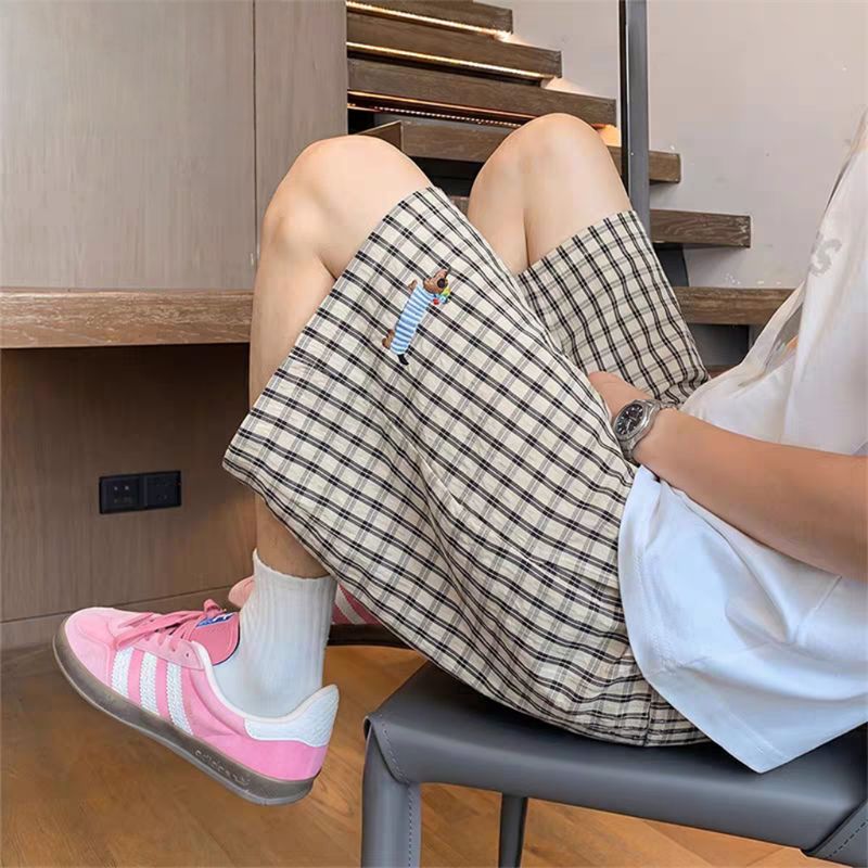 泡泡纱蓝色格子速干短裤男女夏季薄款五分裤慵懒风高级感沙滩裤子
