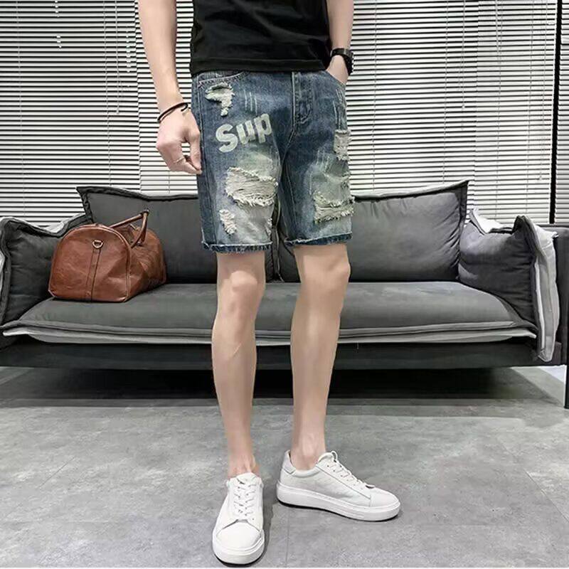 夏季薄款破洞牛仔短裤男士潮牌痞帅乞丐裤潮流直筒修身百搭五分裤