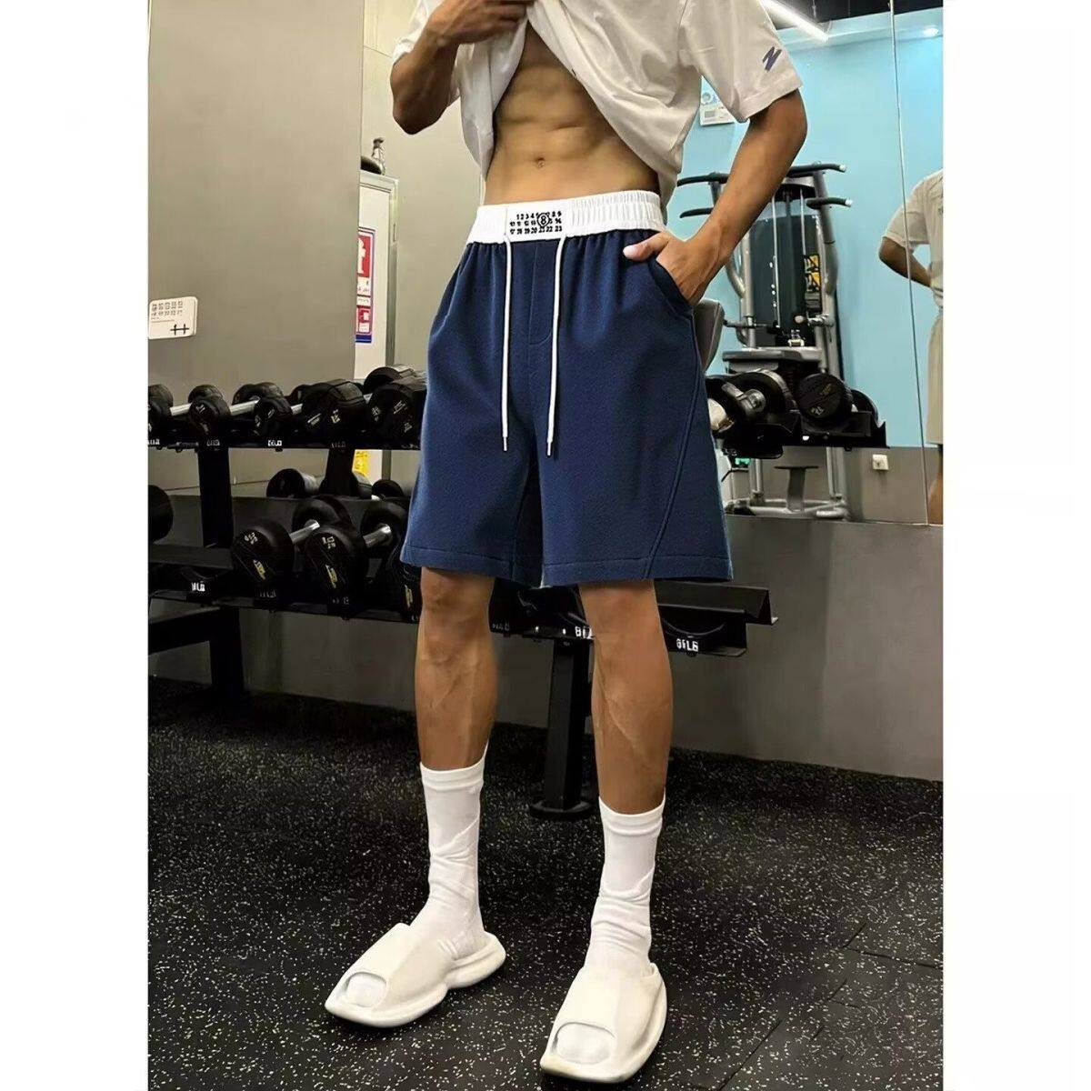 深蓝色4分运动短裤男外穿健身跑步篮球美式裤子不过膝休闲四分裤