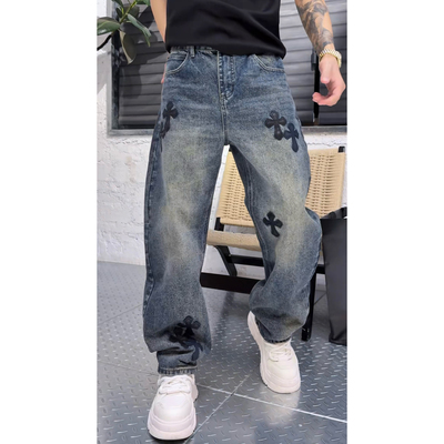 YULE语乐/26504拼片贴皮刺绣十字花牛仔裤加厚休闲微弯刀直筒裤