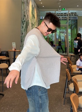 YULE语乐 9801侧开叉V领颗粒感针织马甲秋季休闲宽松重磅无袖毛衣