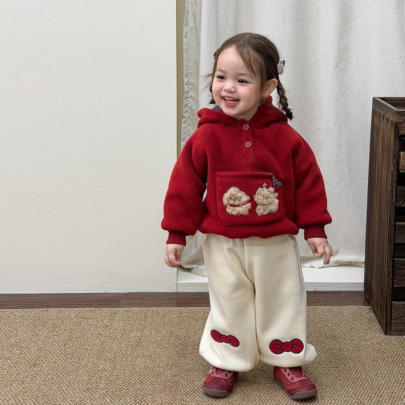 冬季红色卡通加绒连帽卫衣套装