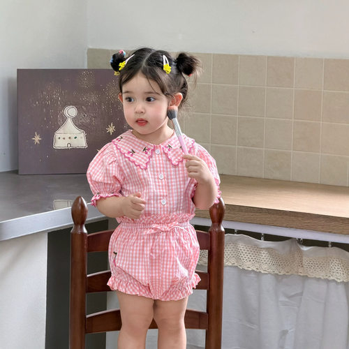 韩版女童夏季格子娃娃衫短裤套装