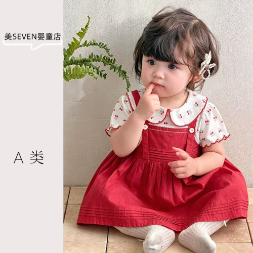 夏季女宝宝红色背带裙套装周岁宴