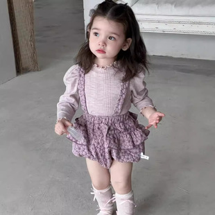 女童背带裤套装秋季儿童洋气碎花吊带上衣宝宝百日周岁可爱两件套