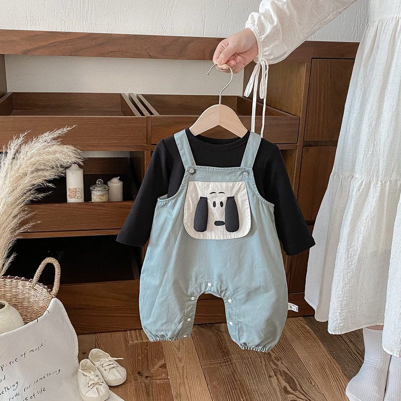 2025新款韩版童装男宝宝衣服秋款背带裤男童T恤卫衣牛仔裤子套装1