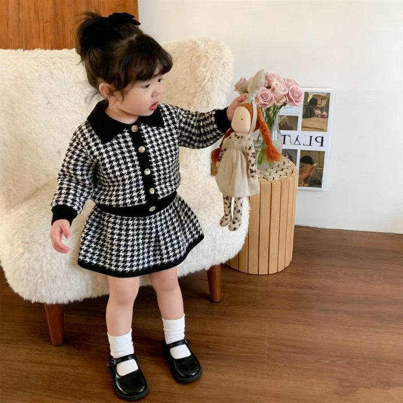 韩版小香风千鸟格针织开衫套装女童一周岁公主翻领上衣短裙两件套,童装/婴儿装/亲子装,套装,淘宝优惠券,粉丝福利购,淘宝优惠卷