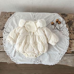 2024冬季韩版包屁衣加绒公主风百日周岁宴满月衣服女宝宝连体棉服