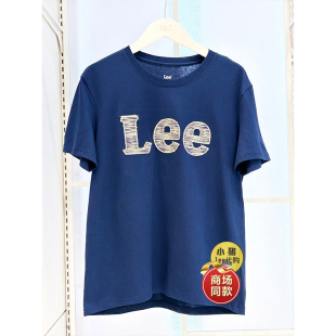 Lee商场同款刺绣大LOGO经典春夏新款T恤蓝色百搭男装休闲衫打底衫