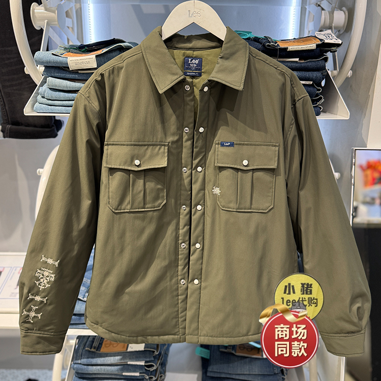 Lee新款男士军绿色棉衣翻领