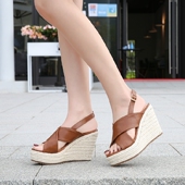 女2020夏厚底防水台网红爆款 宴会女式 高跟草编凉鞋 坡跟凉鞋 大小码