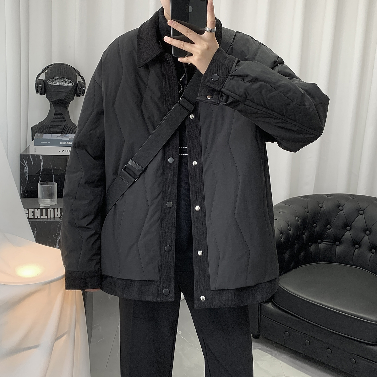 新款冬季灯芯绒拼接男士棉衣时尚宽松翻领假两件夹棉加厚保暖外套