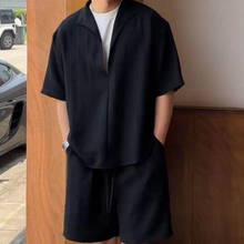老钱风拼接假两件休闲套装男款翻领垂感衬衫夏季轻薄速干短袖短裤