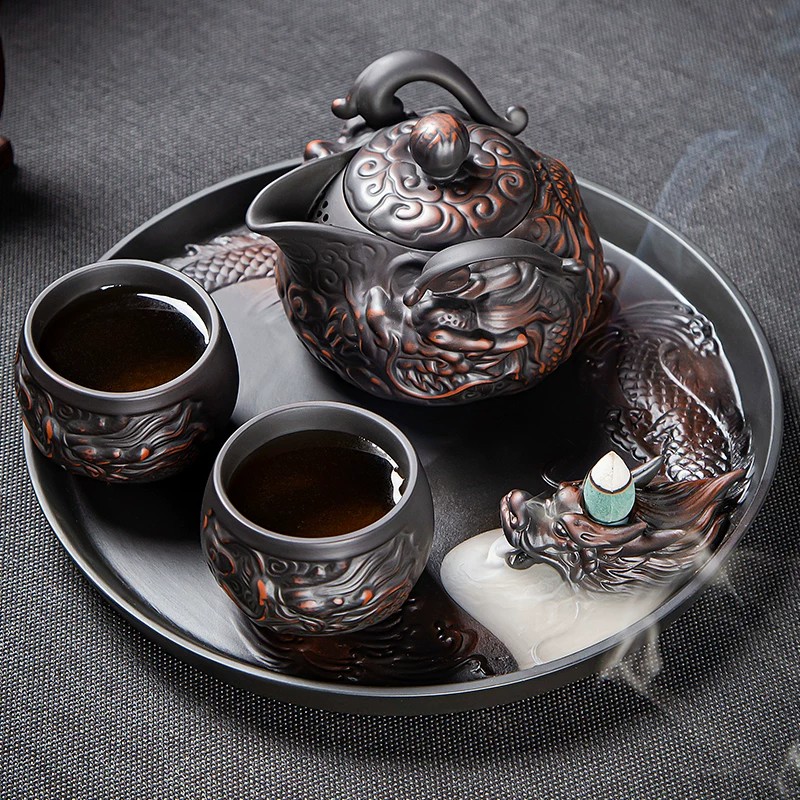 紫陶祥龙浮雕快客茶具套装家用一壶两杯带倒流香茶盘功夫泡茶器