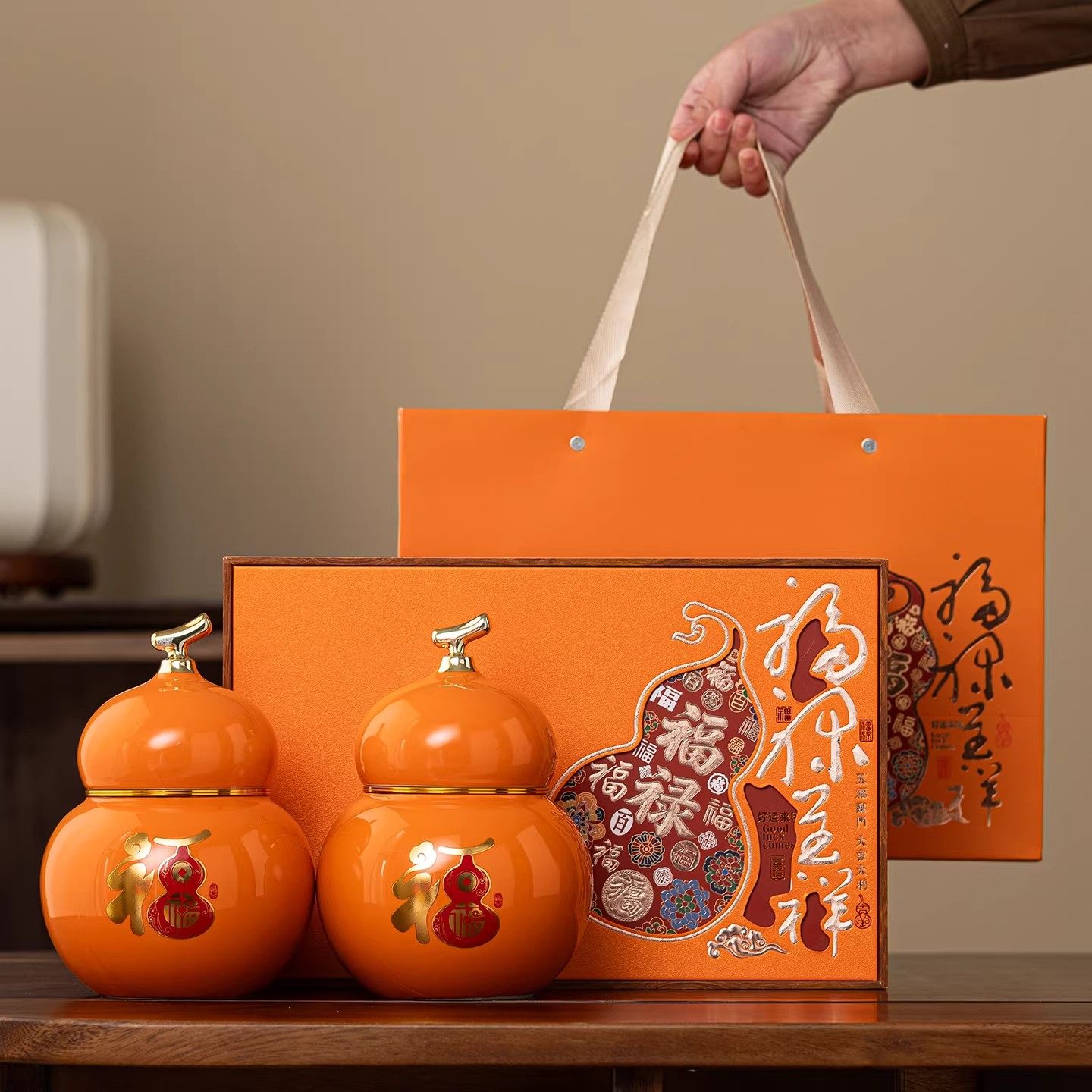 创意葫芦陶瓷罐茶叶罐礼盒包装盒空盒红普洱茶大红袍定制密封罐