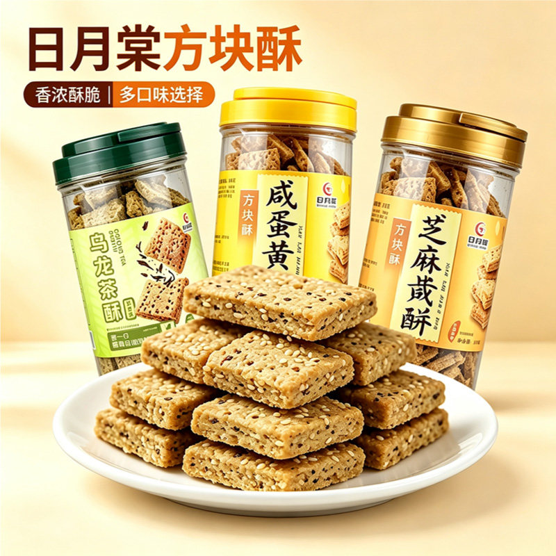 台湾日月棠方块酥370g大罐装咸蛋黄芝麻咸酥休闲媲美老杨进口饼干