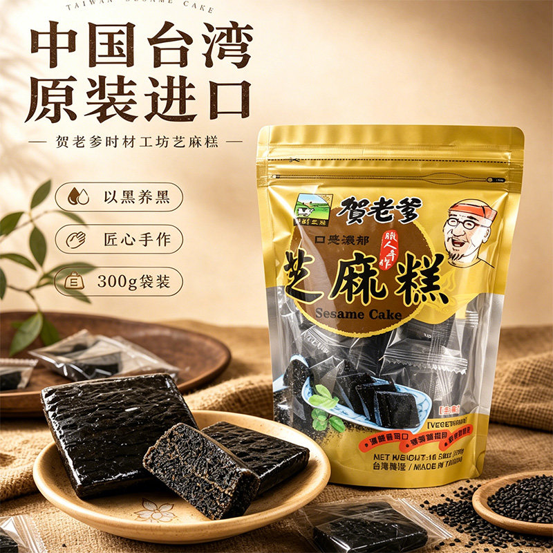 黑芝麻糕台湾进口贺老爹手工丸点300g纯素食传统五黑健康营养元气