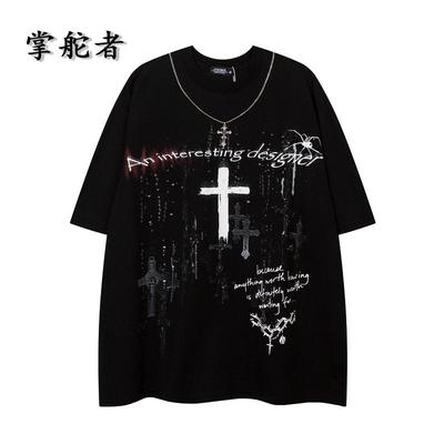 潮牌痞帅炸街十字架项链短袖t恤男女夏季暗黑风嘻哈美式高街半袖