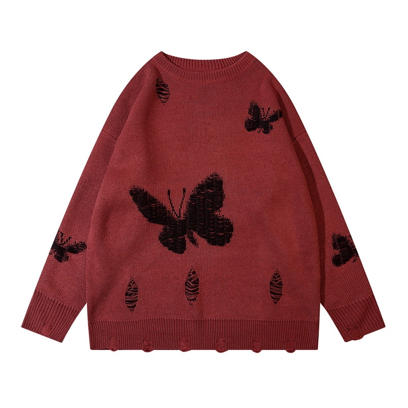 蝴蝶破洞圆领宽松男女同款毛衣潮
