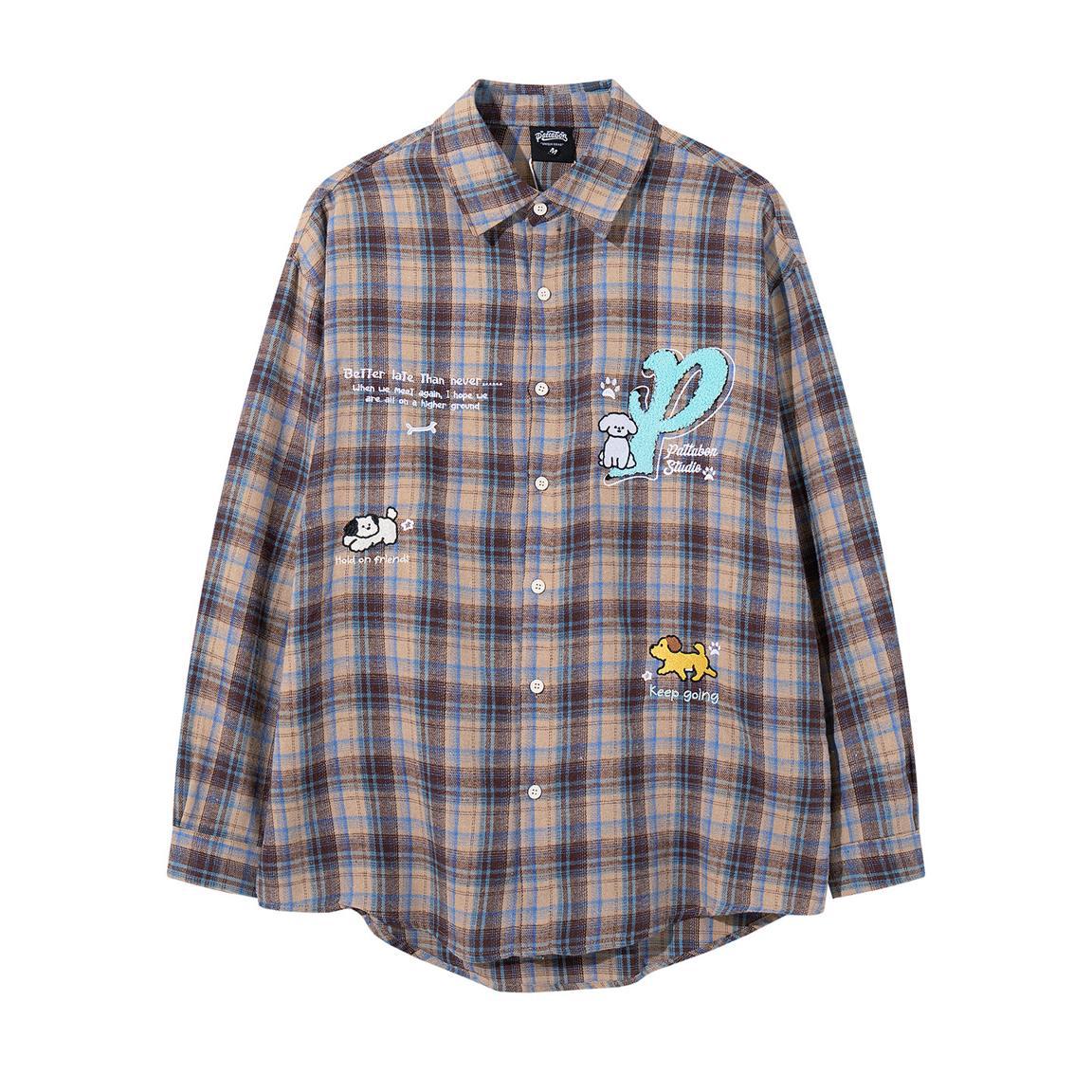 美式复古卡通小狗刺绣格子衬衫潮