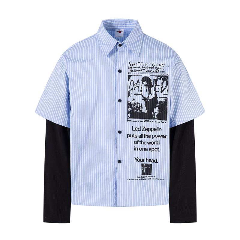 高街摇滚条纹拼接假两件长袖衬衫