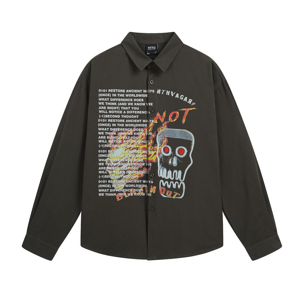 街头休闲风骷髅印花长袖衬衫男宽松翻领ins个性设计感小众上衣潮