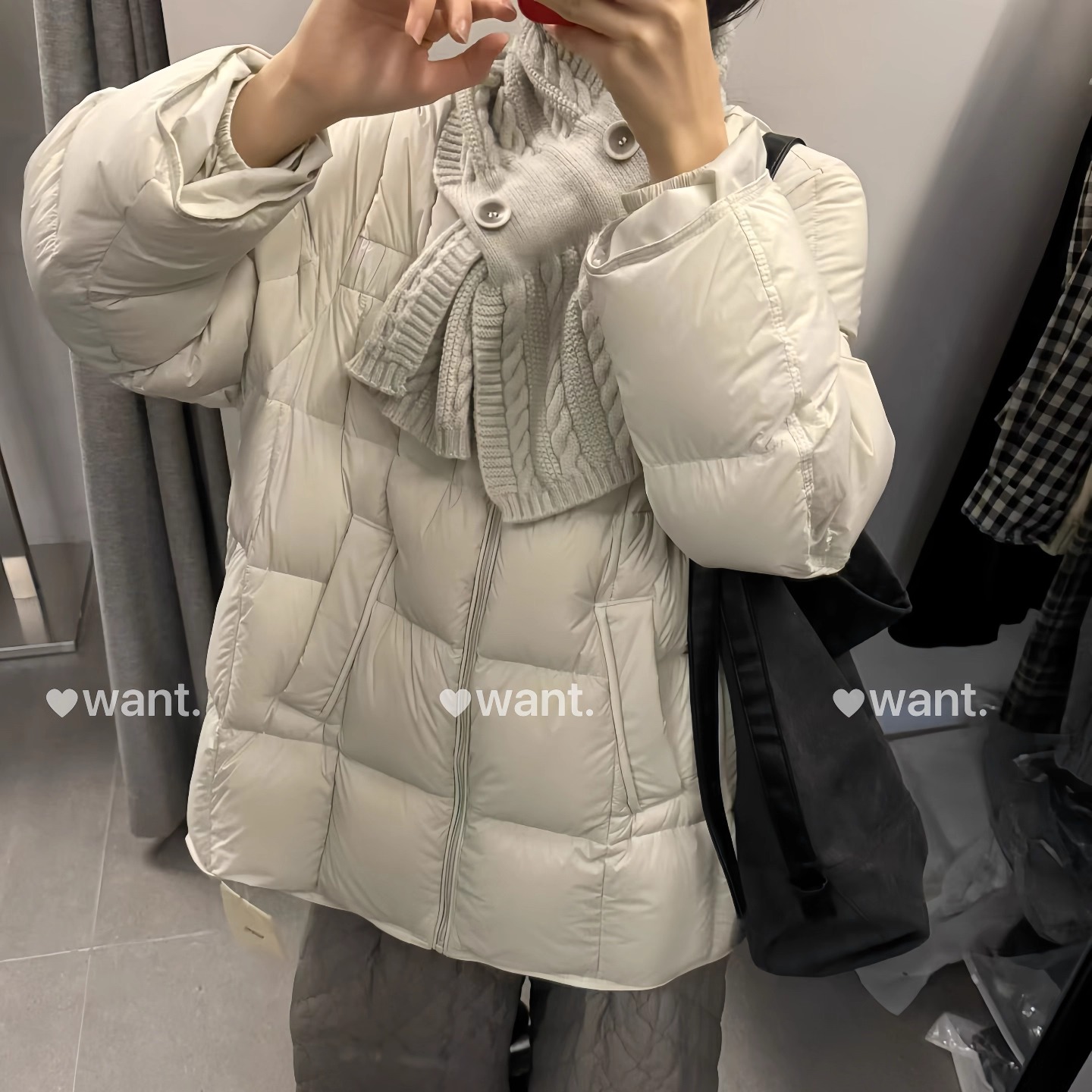 WANT 韩版小众设计感90白鸭绒羽绒服（含围巾）中长款外套女冬季