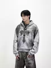 Aknife Original Subculture Dark Gothic Cross Sword Tie-Dye Washed Heavyweight Hoodie Fleece Zip-Up Jacket