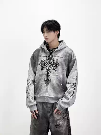 Aknife Original Subculture Dark Gothic Cross Sword Tie-Dye Washed Heavyweight Hoodie Fleece Zip-Up Jacket