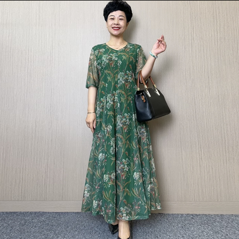 时尚大摆裙台湾纱花卉高弹遮肚女