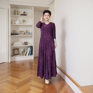 高端气质秋冬款连衣裙贵夫人提花弹力大码洋气妈妈装长款大摆裙女