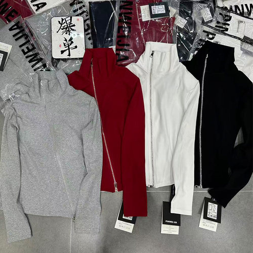 半高领拉链短款长袖黑色T恤