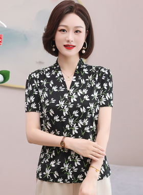 2025新款真丝衬衫女短袖V领印花妈妈装100%桑蚕丝上衣小衫夏2521
