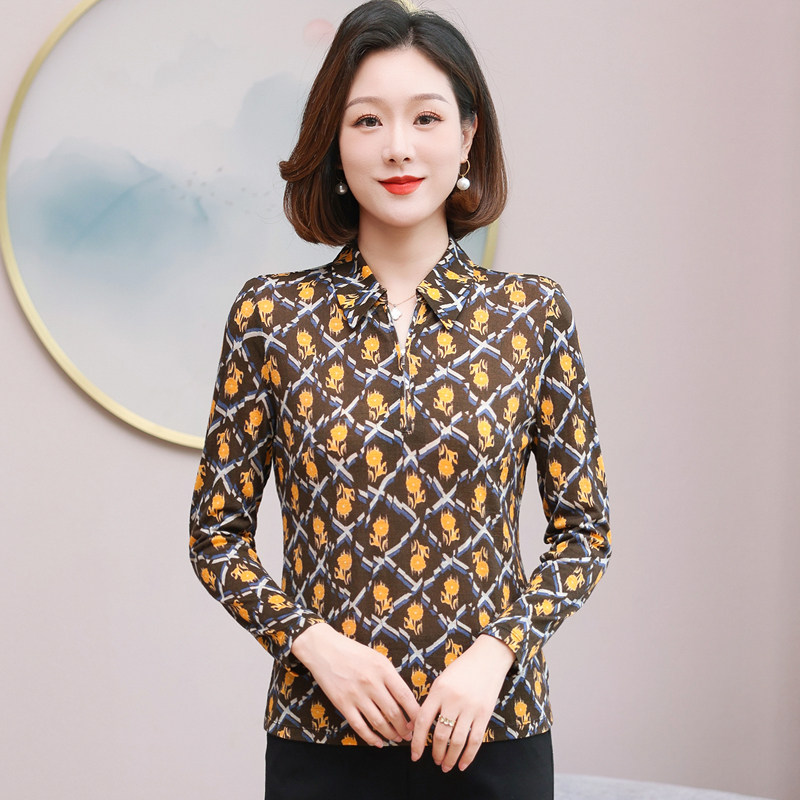 100%绵羊毛衬衫女长袖显瘦印花洋气妈妈装羊毛针织上衣打底衫3183