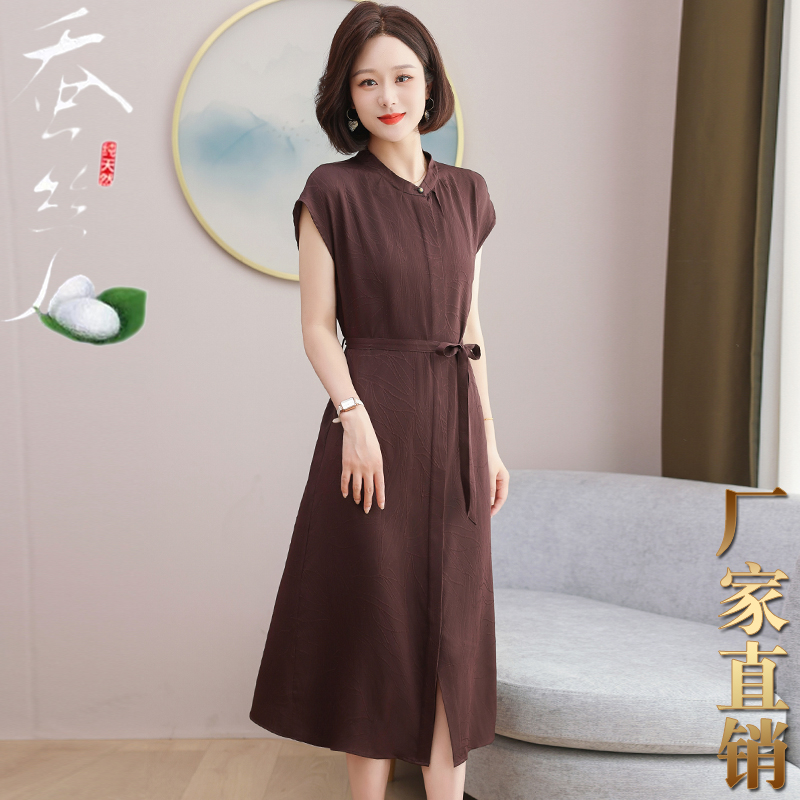 杭州真丝连衣裙短袖桑蚕丝中长款