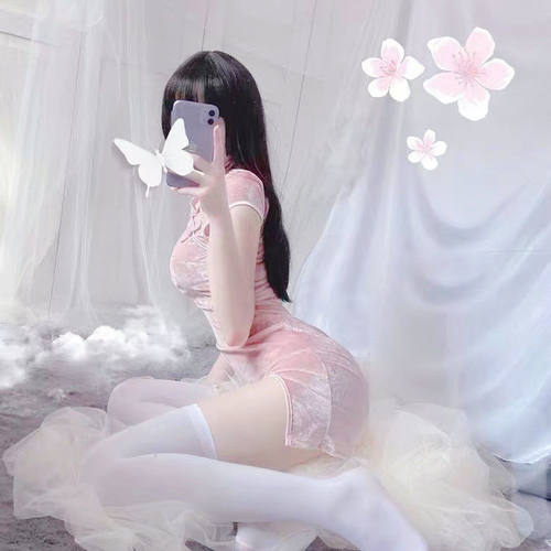 复古粉色旗袍甜美妩媚纯色女超短包臀裙性感纯欲开叉旗袍睡裙