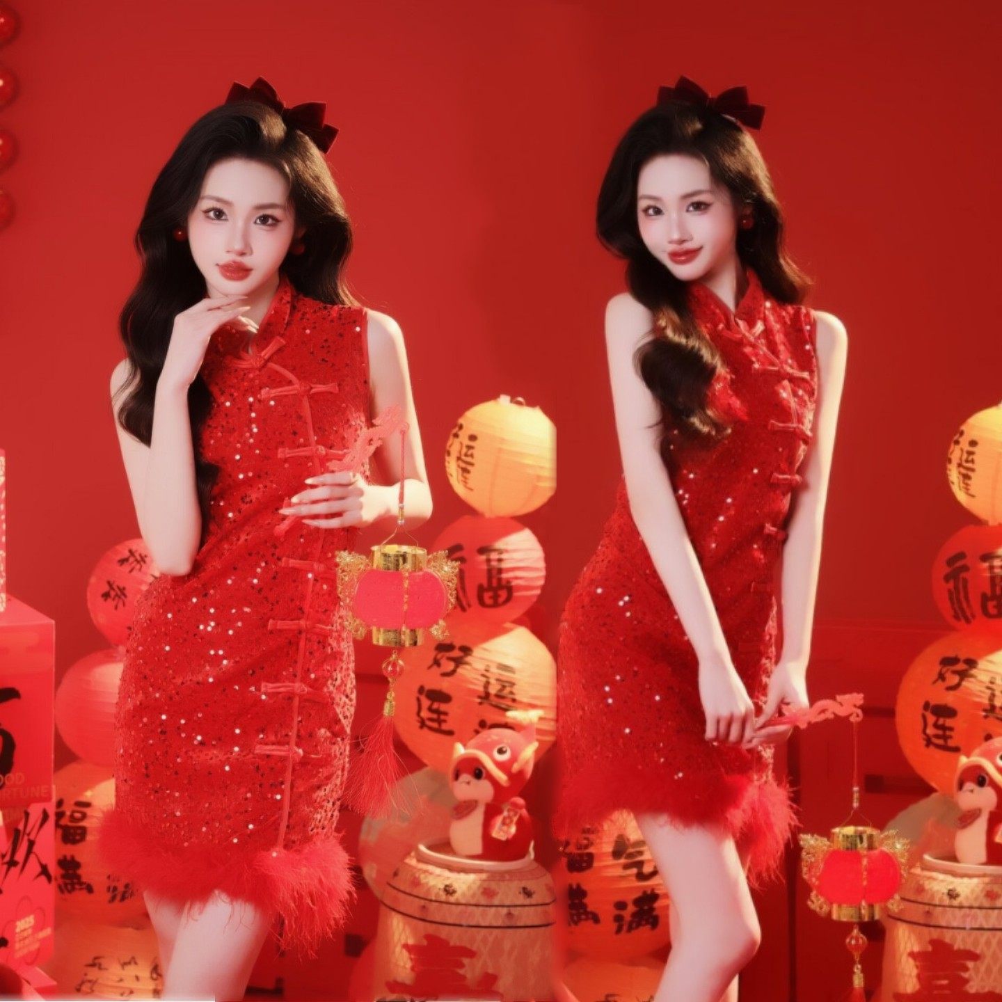 影楼新年主题国潮复古写真服装新款中国亮片旗袍艺术照拍照摄影服