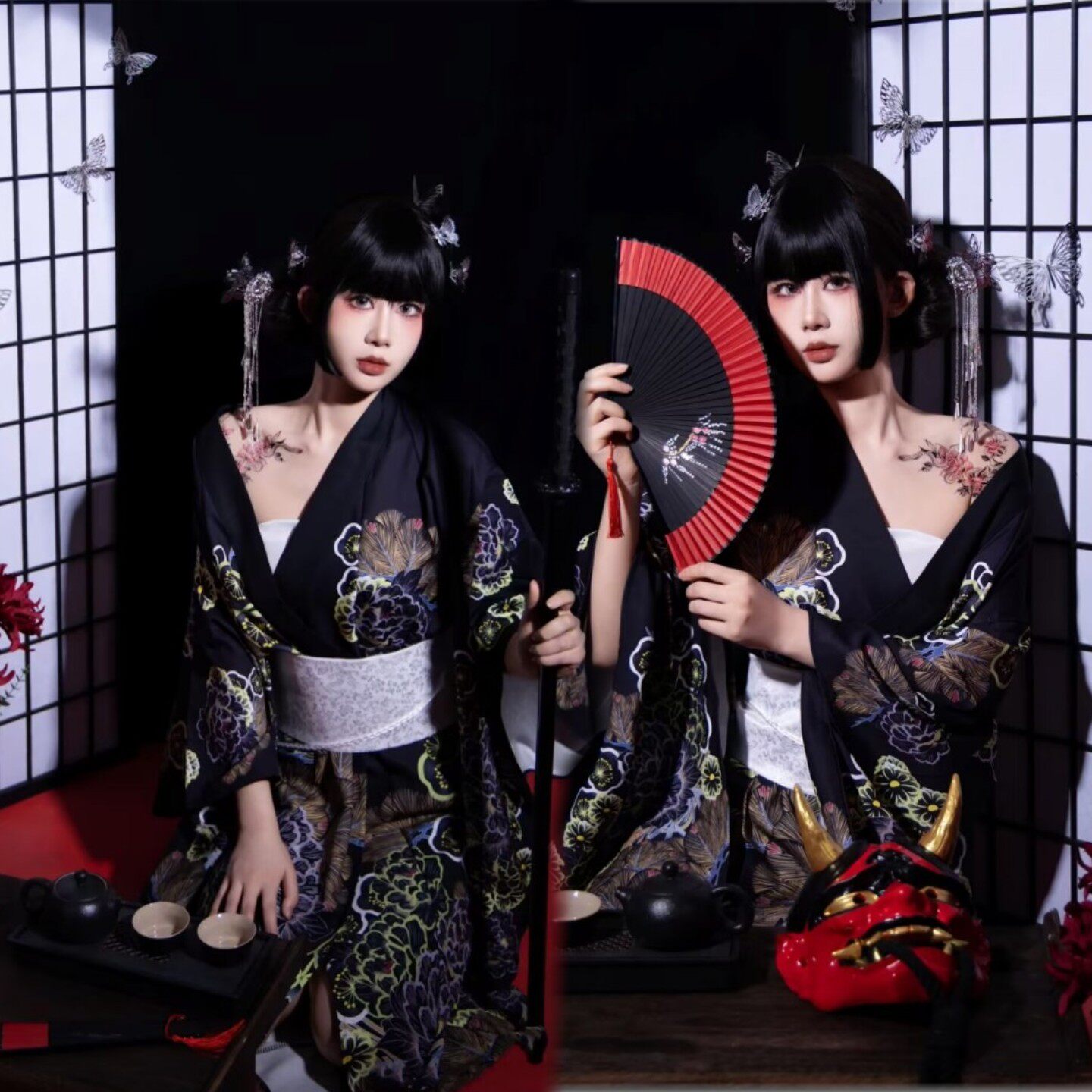 神明少女和服黑色主题服装新款日系摄影改良和服拍摄个人日式和服