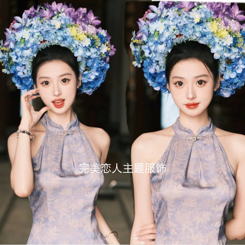 影楼新款女簪花蓝色旗袍摄影服装